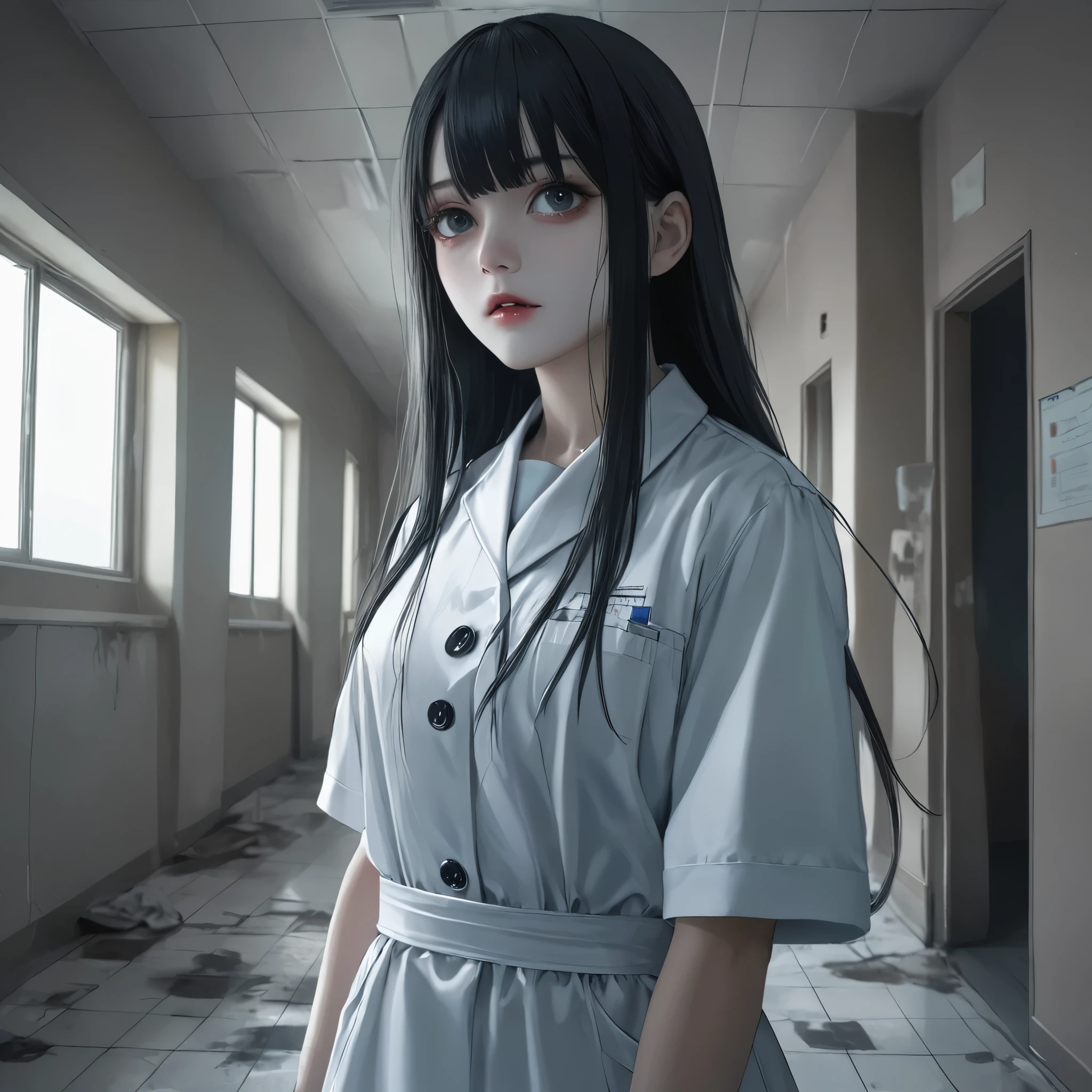 (masterpiece, best quality:1.2), 1girl,scary nurse,abandoned hospital,dark gothic,Horror,Long Hair,  close your mouth, accurate, full body