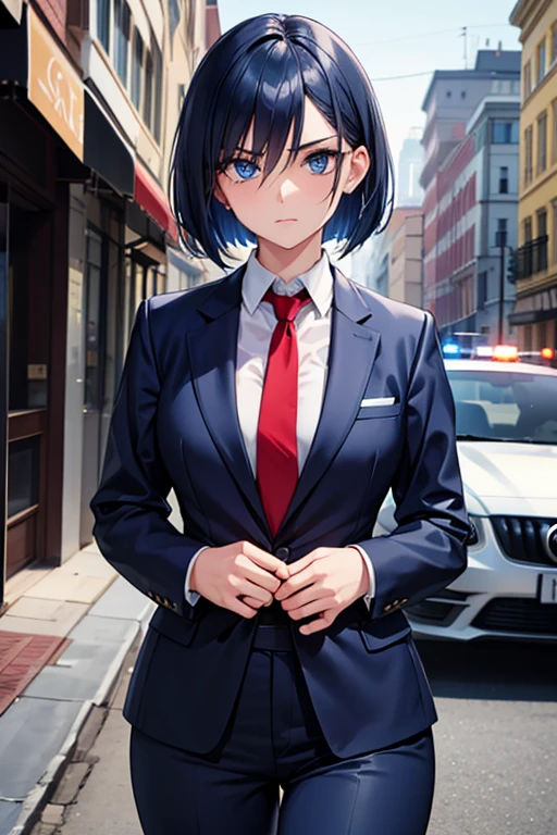  1 beautiful girl with pieces 　Shows up to the waist　 dark blue bob hair　 blue eyes　Glare　 navy blue suit　 navy blue pants　 red tie 　criminal　police