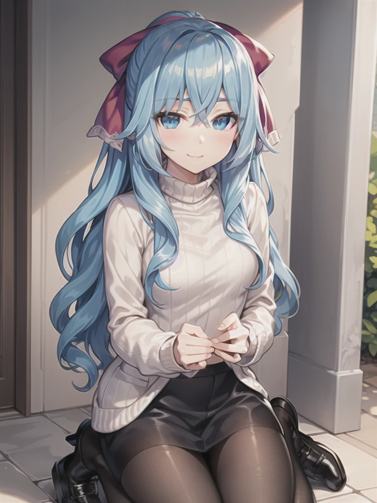 masterpiece, best quality, LiselotteCretia, light smile, kneeling, hands between legs, long hair, wavy hair, bangs, hair between eyes, hair bow, blue eyes, (blue hair:1), (casual:1.3), sweater, pantyhose, outdoors 