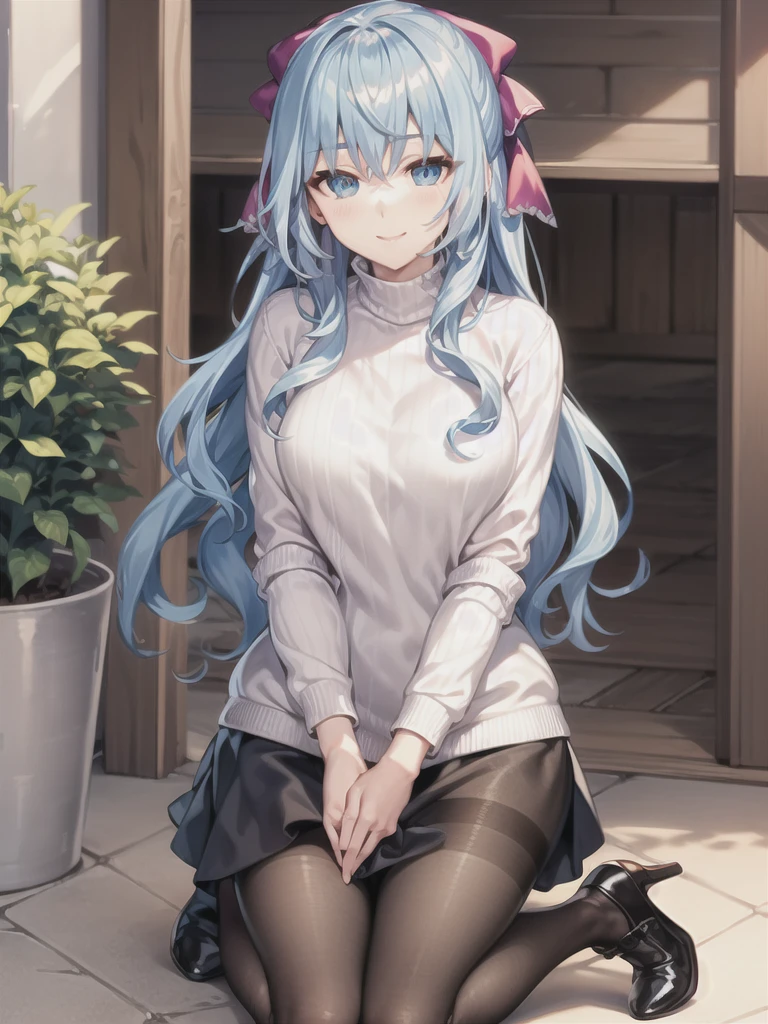 masterpiece, best quality, LiselotteCretia, light smile, kneeling, hands between legs, long hair, wavy hair, bangs, hair between eyes, hair bow, blue eyes, (blue hair:1), (casual:1.3), sweater, pantyhose, outdoors 