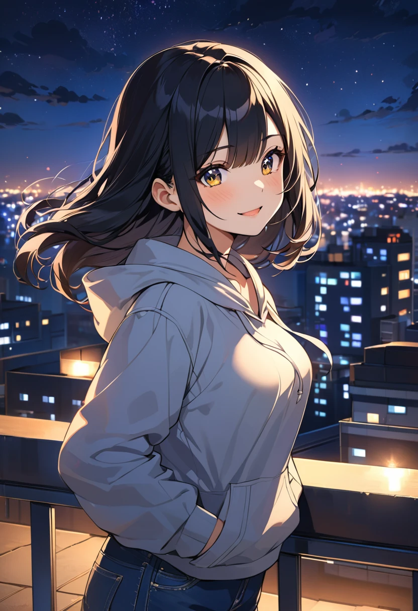 "Rooftop night scene ,  is a Korean third-year high school girl , 18 years old,  with medium length black hair , A 54 kg medium sized girl . medium size breasts.  with a bright and friendly expression ,  has a warm and social atmosphere .  She is wearing a casual hoodie and jeans, and the city lights shine softly against the ,  Her hair is blowing slightly in the night breeze .  background."