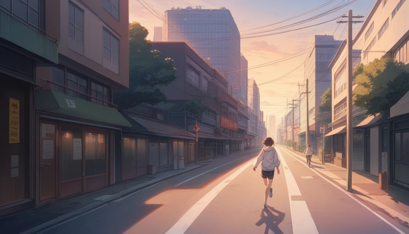 Makoto Shinkai style, evening, one Japanese high school girl running down a hill in the city of Tokyo, 2D animation style, 90's anime aesthetic, high detail, Fujifilm mix, hyperrealistic, 8K, masterpiece.