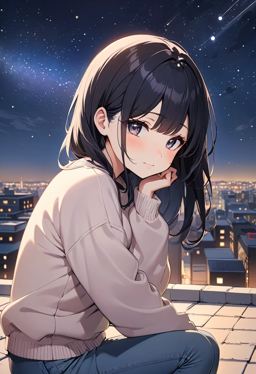 "Rooftop night scene , , a second-year Korean high school girl , ,  wears a 162 cm , A 50 kg slim physique .  with a shy expression ,  shows a quiet and reserved personality .  soft pastel-colored sweater and simple jeans with long, smooth black hair, and ,  A starry night sky spreads over her, adding to the serene atmosphere.."