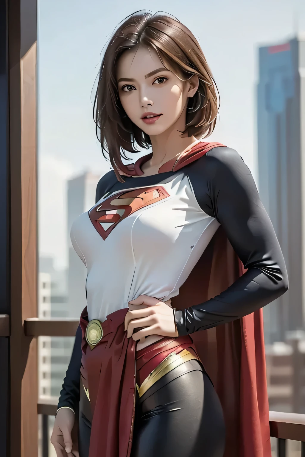 ( features a superman costume with full sleeves and attention to detail), Feminine physique that covers the whole body , 1 Beauty, (Big Breasts), (Waist), High quality rendering, features skyscrapers and detailed backgrounds , Vivid Color Style , dramatic lighting, ( red cloak, Movie costumes), (masterpiece, Best Quality, 8k, Realistic, photoRealistic)