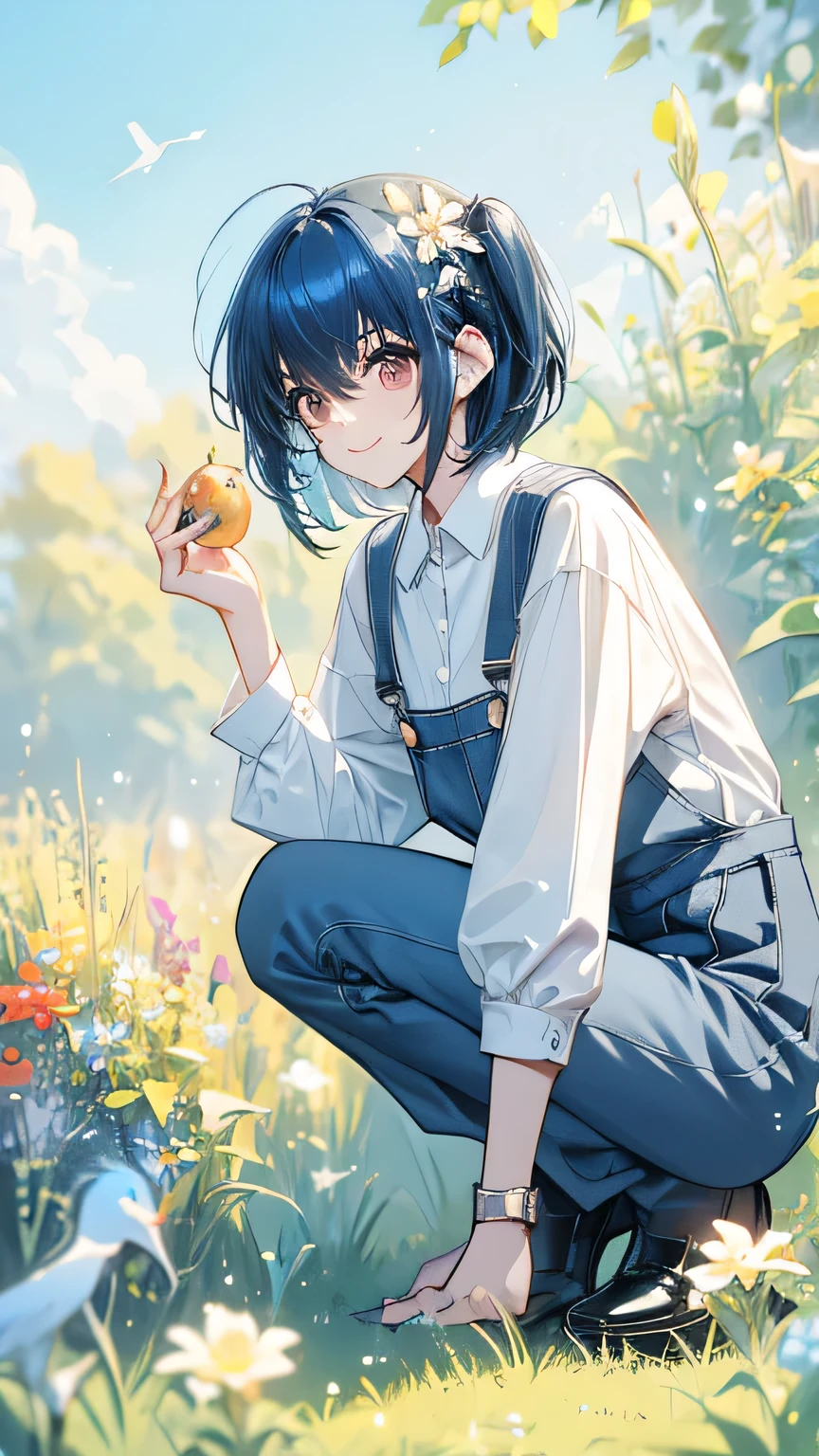 Beautiful girl feeding small birds, blue hair, short hair, loose, fluffy bob, white shirt, overalls, garden with flower beds, gentle smile, small birds gathering, crouching watching small birds eat food