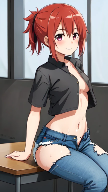 1 girl, solo, (Yuuki Yuna), Yuuki Yuna wa Yuusha de Aru, Yuusha de Aru, red hair, red eyes, short ponytail, hair ornament, ribbon, hair between eyes, side ponytail, motorcycle, (sweat, navel sweat:1.2),
BREAK, (black shirt, short sleeve, crop top navel, booty shorts:1.2), (unbuttoned jeans:1.2),
BREAK, (sitting desk, arms behind back:1.2),
BREAK, smile,
BREAK, (from front:1.1), (cowboy shot:1.3),
BREAK, (indoor, junior high school, class room:1.1),
BREAK, (best quality, masterpiece, detailed:1.3), SHV, anime colored, (beautiful detailed eyes, extremely detailed face:1.2), perfect lighting, extremely detailed CG, (perfect hands, perfect anatomy), (nsfw:1.2),