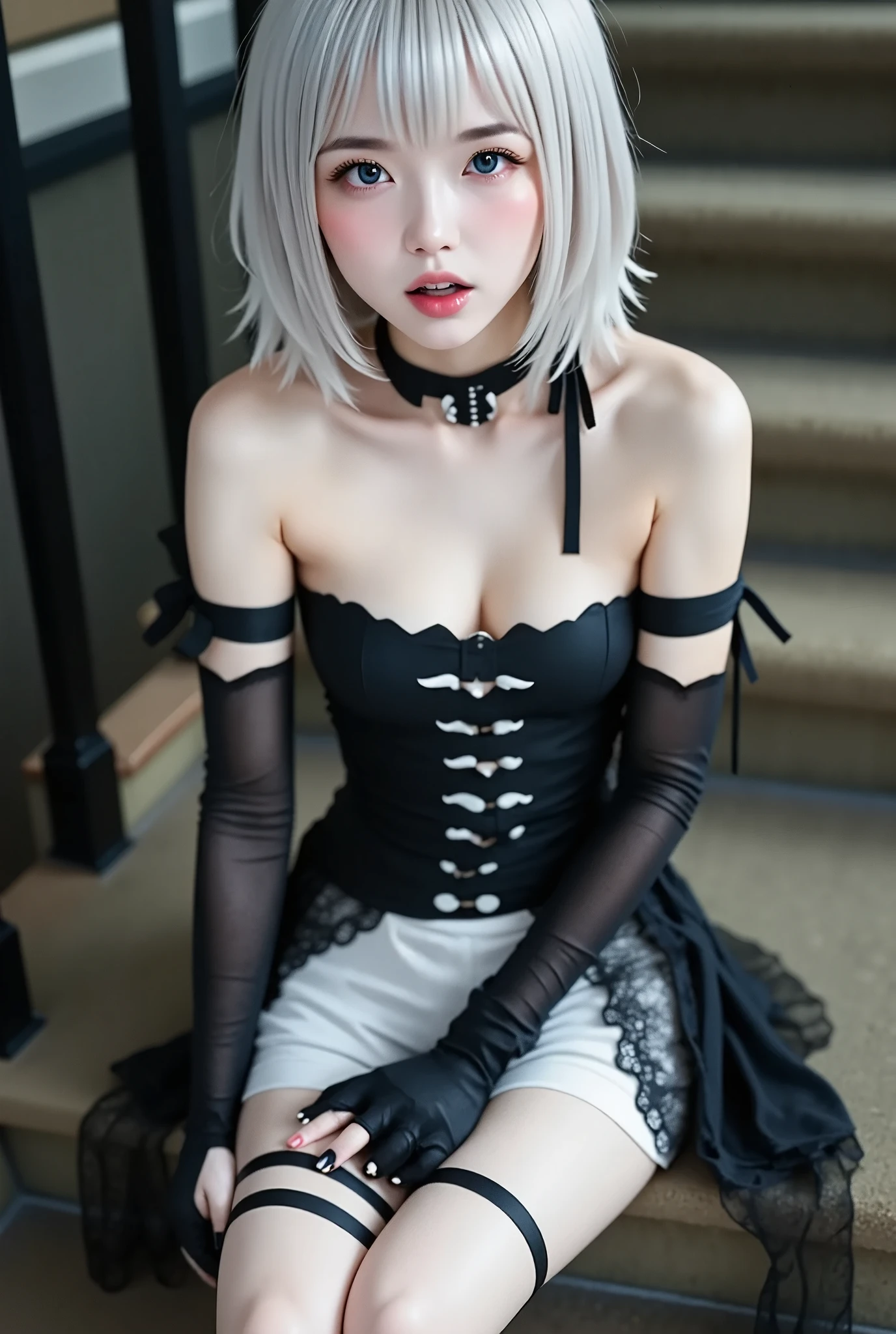 Best Quality、masterpiece、 RAW photos from the last century、 film grain、8k、 super high definition、 very cute girl sticking out her tongue on the stairs、Albino Girl、Pale face_eye_lips、Black Lips、Highly detailed eyes and face、Grey Hair:1.37、 elbow gloves :1.48、Pale skin、Light-pigmented eyes、 gothic fashion、 Black Costume