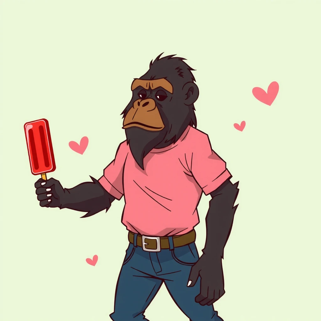 gorilla, in nice clothes, jeans, a pink t-shirt, with a red popsicle in his hand