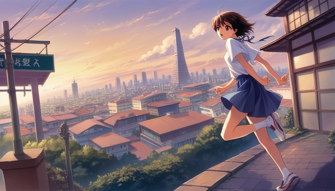 Makoto Shinkai style, evening, one Japanese high school girl running down a hill in the city of Tokyo, 2D animation style, side angle, 90s anime aesthetic, high detail, Fujifilm mix, hyperrealistic, 8K, masterpiece.