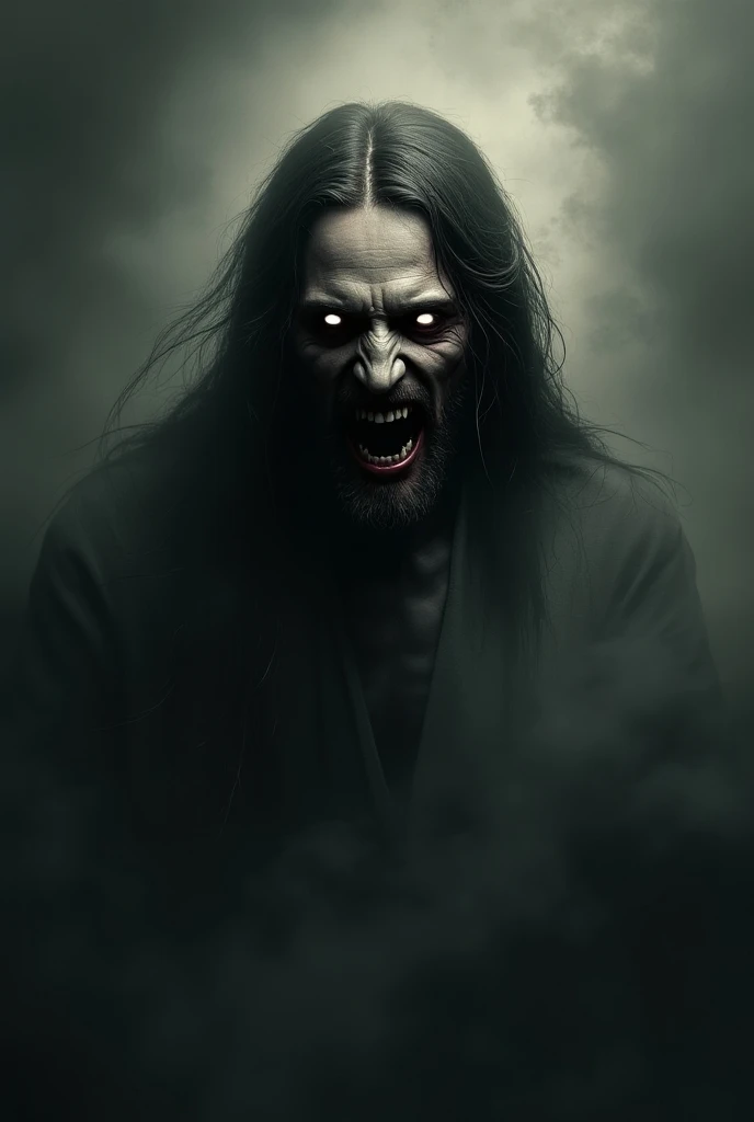 Scary -- Mixture of man and demon -- Strong and very tall body -- Long hair, smooth ass, black and messy -- Smiling madly, disproportionately wide smile, sharp teeth with blood dripping -- dark gray skin -- wide eyes, completely red, bright -- Blood running from the eyes -- Long arms, long sharp nails -- Black colored wizard robe, Short sleeves -- Black background with red light coming from behind it, blood splattered, Red smoke
((4k image quality, HDR, face detailed, detailed clothing, detailed scenery))