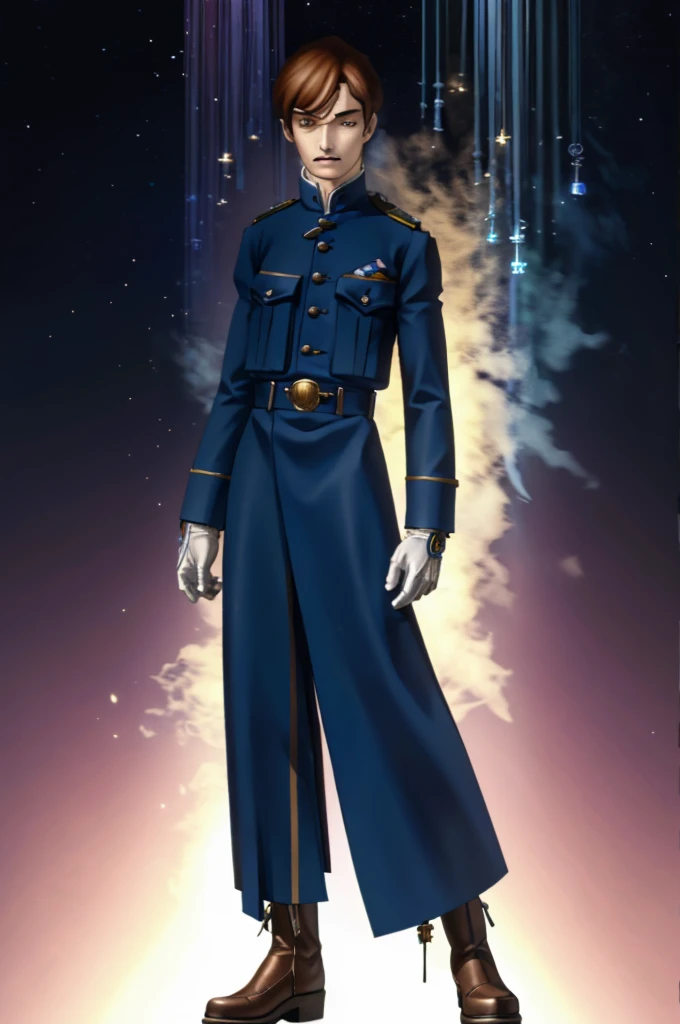 solo, malefocus, 1boy, wearing a long blue uniform with a long coat, with a silver cross on the chest of the uniform, priest outfit, golden buttons, gloves, belt with holy water, kaneko kazuma, white background, boots, standing still, brown hair, cross on chest, the buttons are on both sides ofthe uniform, militartistic