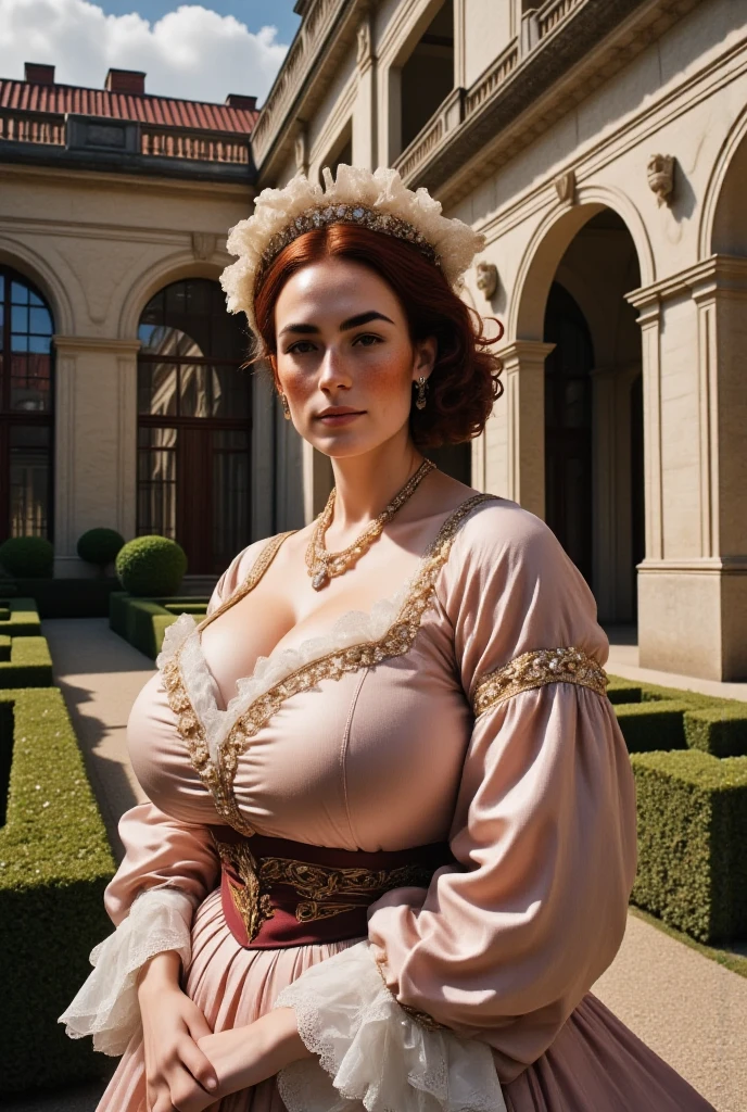 Photorealistic, cinematic style, a picture of a beautiful British woman dressed in a rococo fashion, wearing a light rose 1700s style silk dress with pearl decorations, square neckline, bulging cleavage. White powdered wig with pearl decorations. She's got brown eyes, downturned eye shape, round eyeglasses , light skin and freckles, perfect hand,HDR, intricate details. She's standing in a geometrically designed french garden. French court, opulence, Marie Antoinette. 