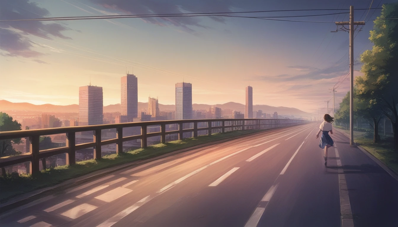 Makoto Shinkai style, evening, one Japanese high school girl running down a hill in the city of Tokyo, 2D animation style, side angle, 90s anime aesthetic, high detail, Fujifilm mix, hyperrealistic, 8K, masterpiece.