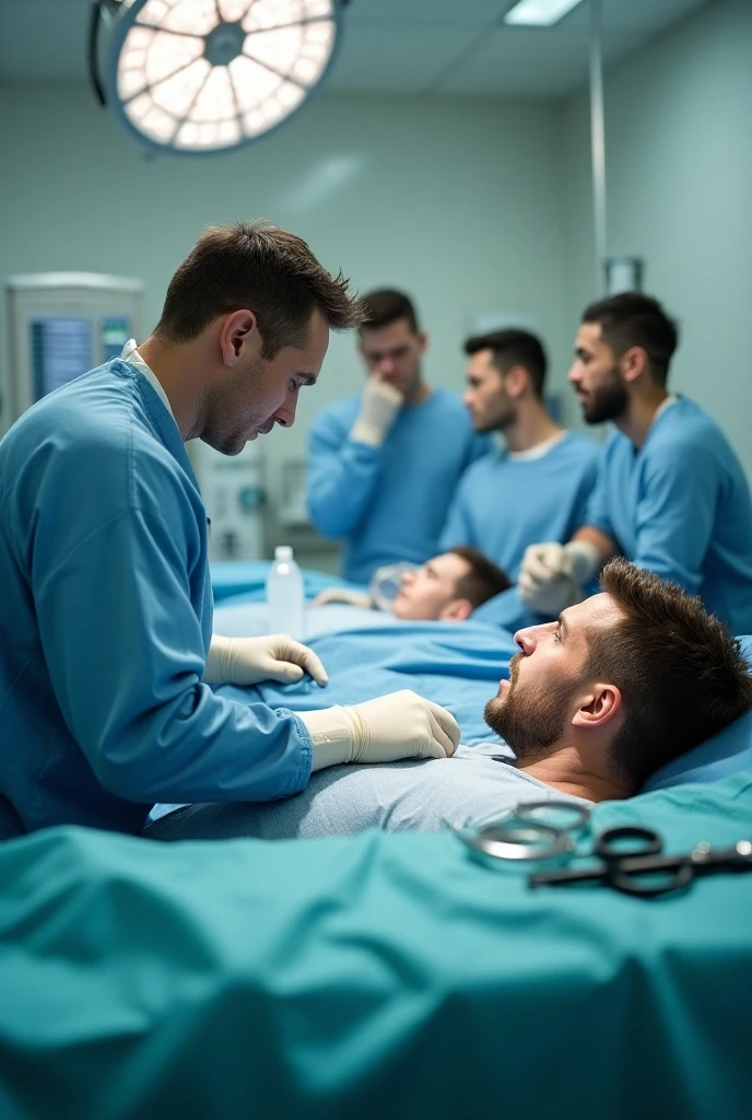 In an anatomy classroom, a young iranian man, muscular and toned, very bearded and hairy body, is lying on an examination table completely, wearing only white underwear. He is touched and examined closely by a group of curious casually dressed students around him., all focused on learning about the human body. The school classroom is bright.