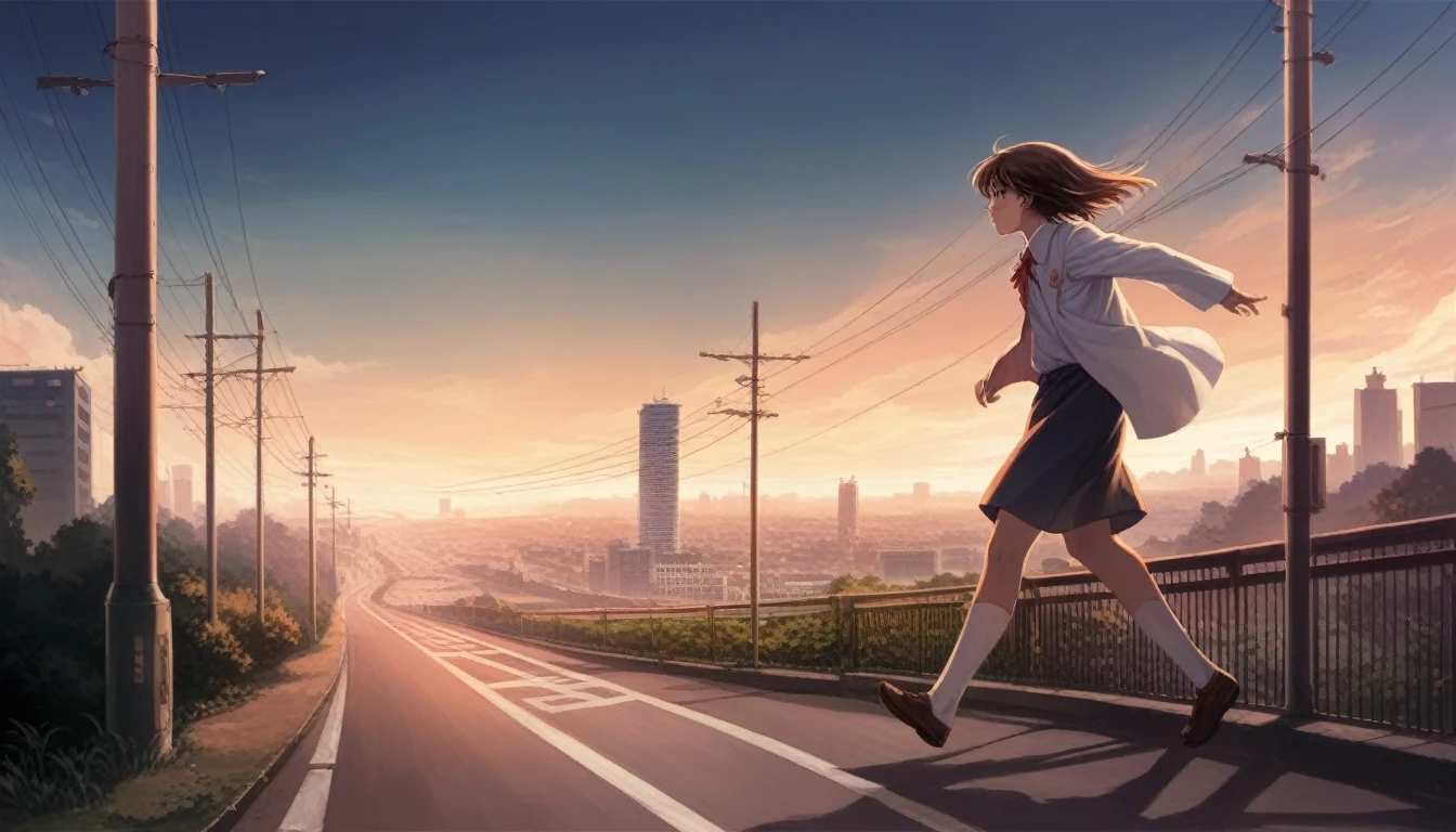 Makoto Shinkai style, side angle, evening, one Japanese high school girl running down a hill in the city of Tokyo, 2D animation style, 90s anime aesthetic, high detail, Fujifilm mix, hyperrealistic, 8K, masterpiece.