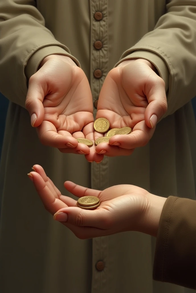 Create a hyper-realistic and mysterious image of a male hand, dressed in a simple linen tunic, discreetly placing a gold coin in a beggar&#39;s hand. The beggar&#39;s hand, wrinkled and dirty, holds the coin with reverence and surprise. Ao fundo, softly blurred, there is a busy street, with other people passing by and some observing the scene with curiosity. The golden light of the setting sun illuminates the hands, creating a dramatic focus on the exchange, and symbolizing that generosity, even in simple gestures, creates a lasting impact and returns to the giver in unexpected ways.