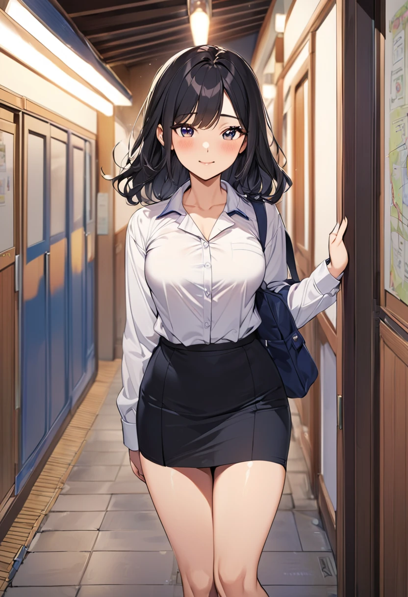 "School Scene,  is a Korean -year  school girl , 18 years old,  with medium length black hair , A 54 kg medium sized girl . medium size breasts.  with a bright and friendly expression ,  has a warm and social atmosphere . I'm wearing a Korean shirt and skirt, and the ,   shirt fits my body perfectly, accentuating my chest, and the ,   skirt also fits like a pencil skirt, making my hips stand out.  Her hair is blowing slightly in the night breeze .