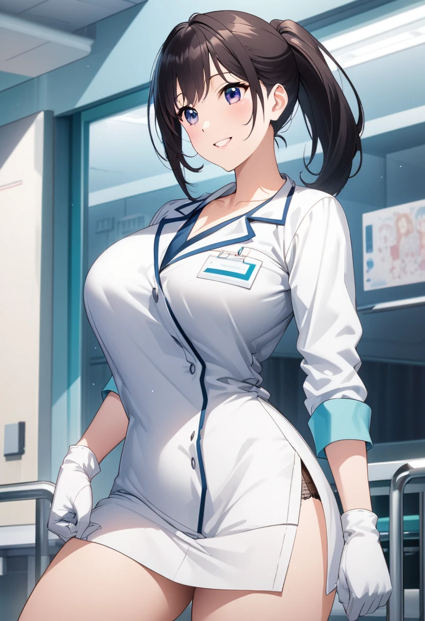 School nurse, black hair, blue eyes, tight short outfit, curvy, seducing a young boy