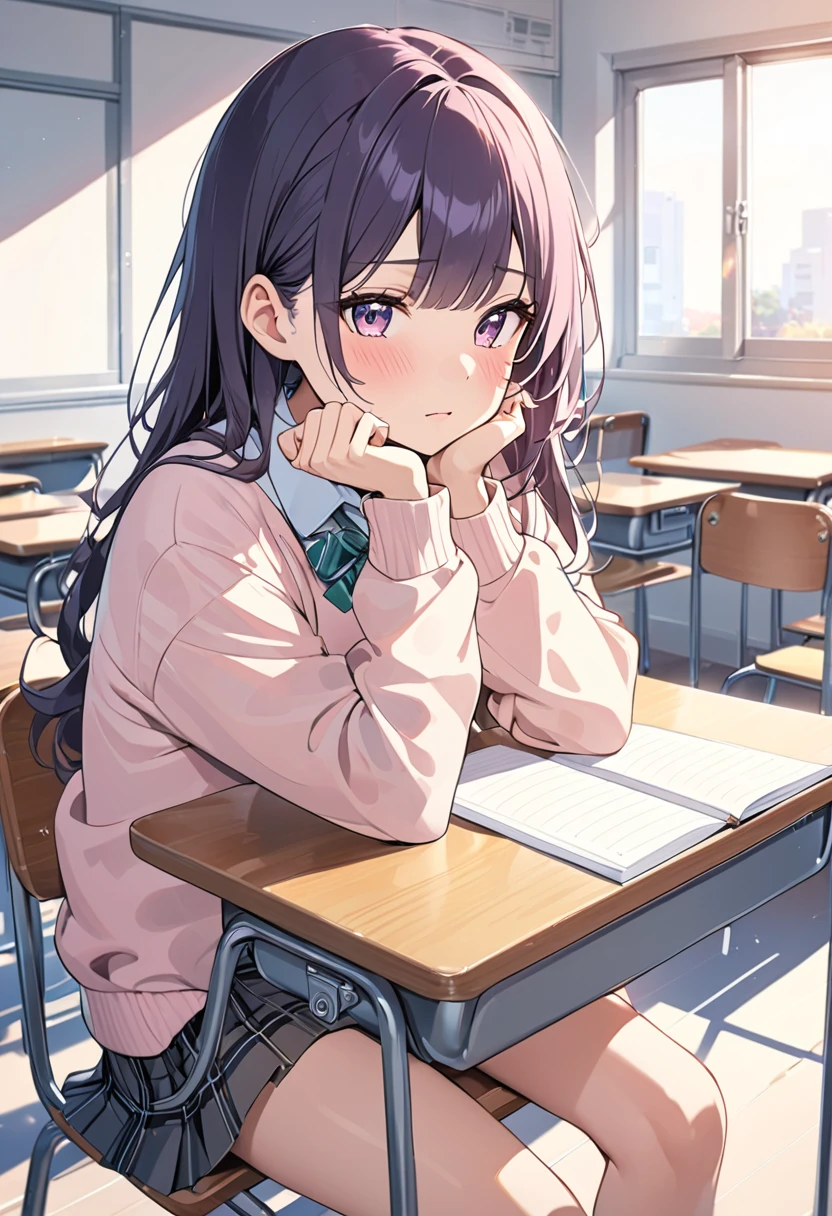 "School classroom scene , , a second-year Korean high school girl , ,  wears a 162 cm , A 50 kg slim physique .  with a shy expression ,  shows a quiet and reserved personality .  Wearing a pastel-colored sweater and skirt over a soft shirt,  Sitting at a desk in the classroom . adds a serene atmosphere ."