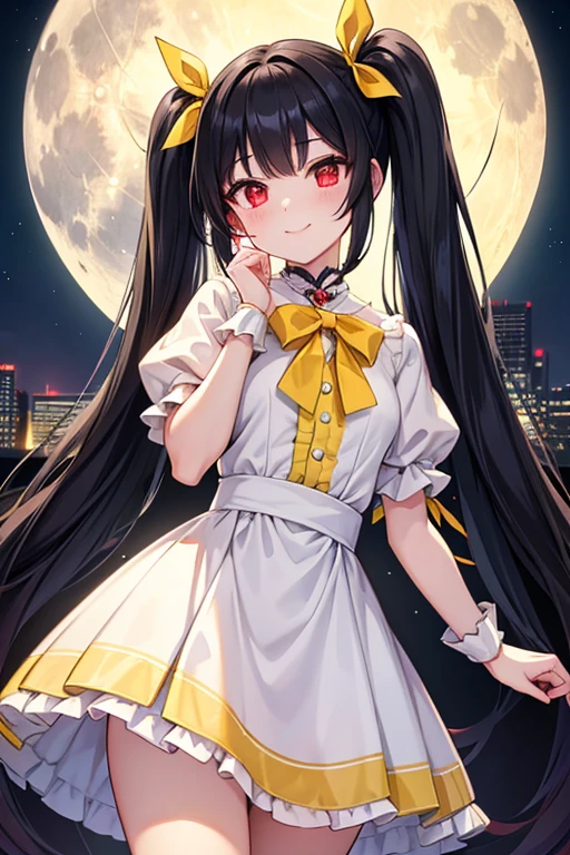  1 beautiful girl with pieces 　Shows up to the waist　 long black hair　 Twin Tails　Red eyes　Bright smile　 White and Yellow ****ta Outfits　 yellow ribbon 　 sadist　Neon city at night　Small Full Moon