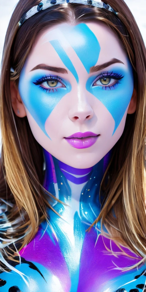 an abstract image of a beautiful Scandinavian girl with colorful make up, colorful long hair, centered around shadows and light, geometric shapes and patterns