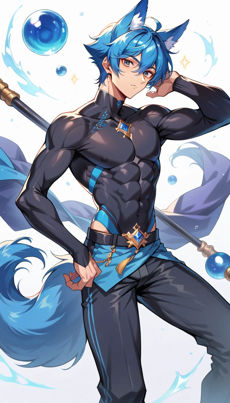 Description: Shinji Mizuki is an athletic man with blue hair and an aura of determination. He is known for his exceptional strength and agility. His Zanpakutō, the "Immortal Fox's Sin", has the appearance of a three-part staff, which can be combined or separated, 8k high definition