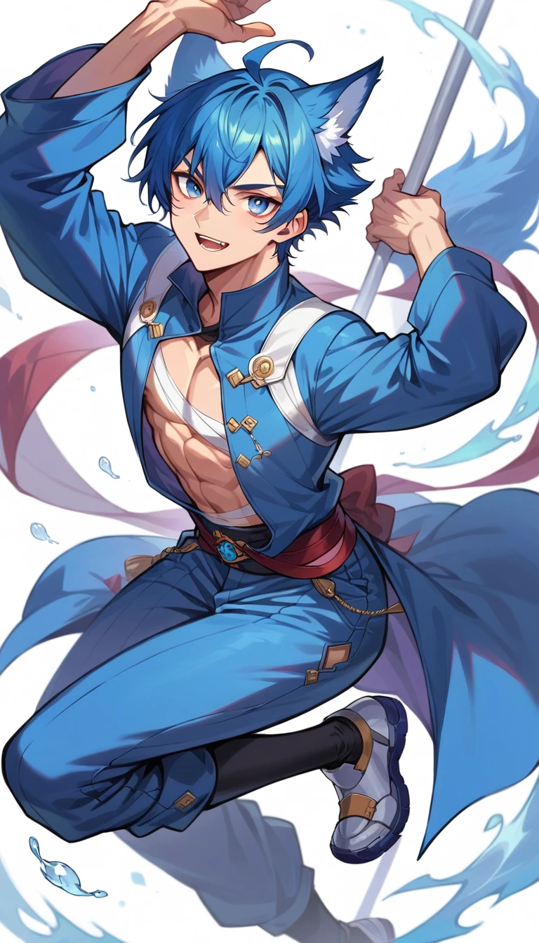 Description: Shinji Mizuki is an athletic man with blue hair and an aura of determination. He is known for his exceptional strength and agility. His Zanpakutō, the "Immortal Fox's Sin", has the appearance of a three-part staff, which can be combined or separated, 8k high definition