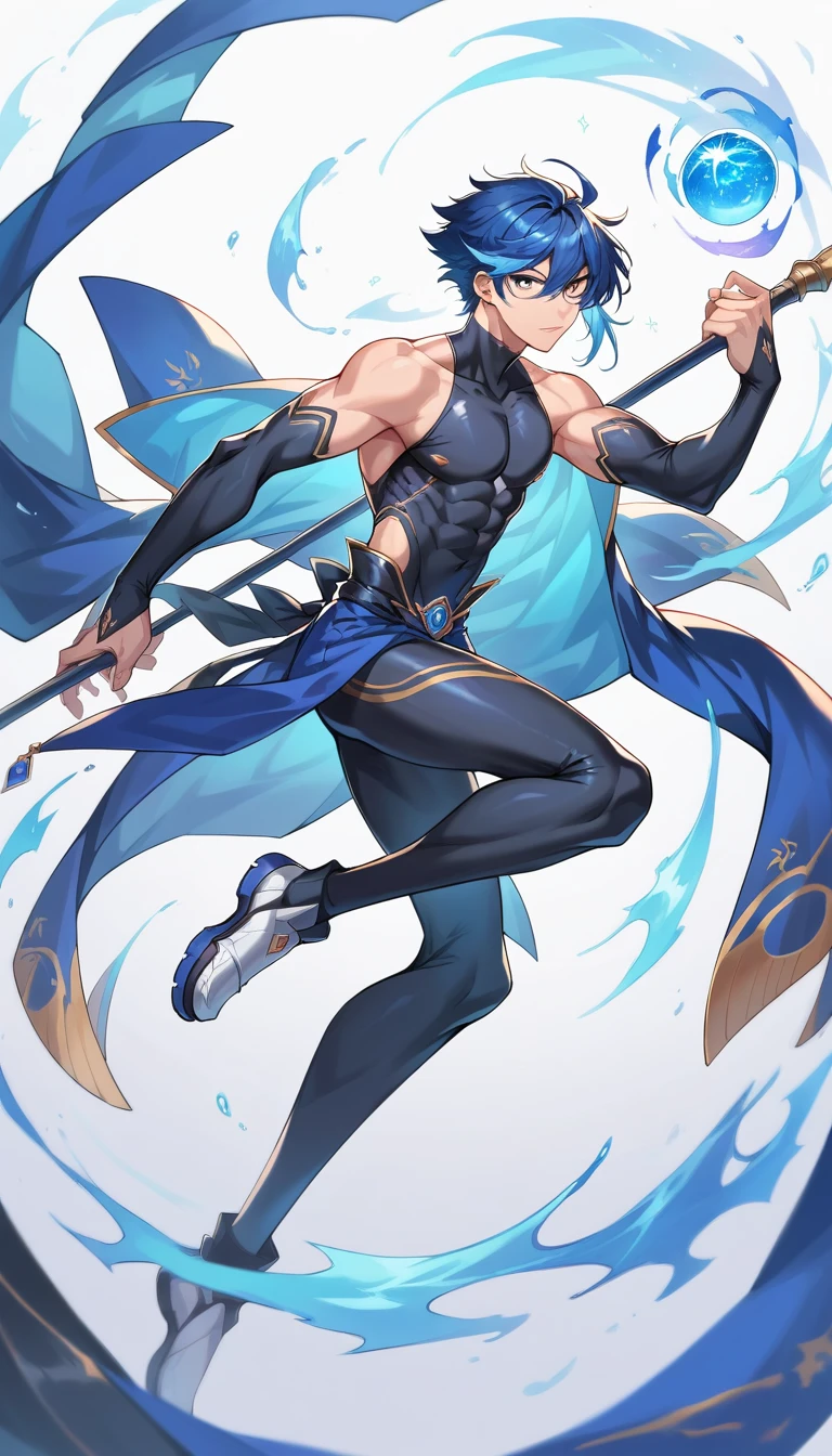 Description: Shinji Mizuki is an athletic man with blue hair and an aura of determination. He is known for his exceptional strength and agility. His Zanpakutō, the "Immortal Fox's Sin", has the appearance of a three-part staff, which can be combined or separated, 8k high definition