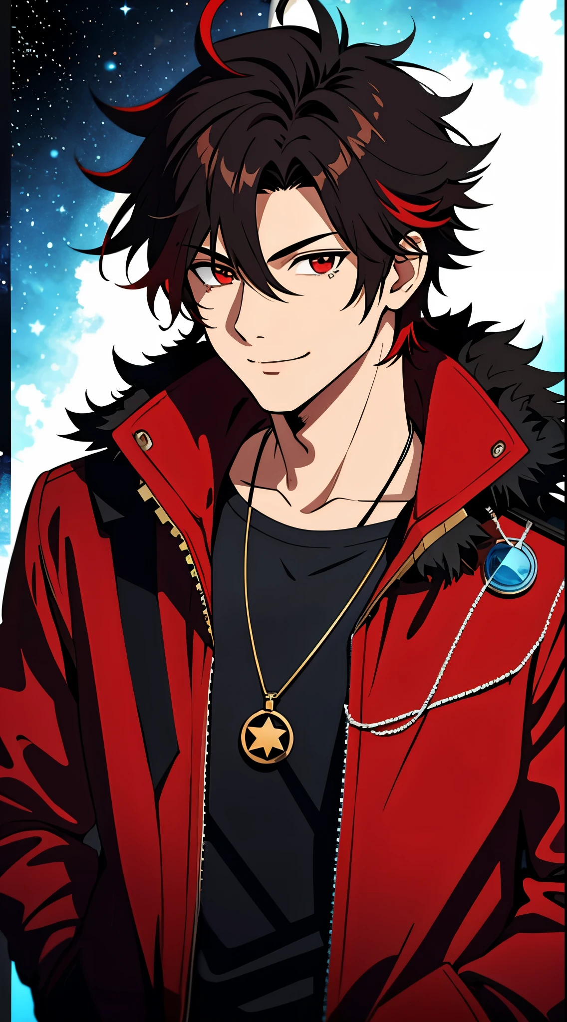 (high-quality, breathtaking),(expressive eyes, perfect face) 1boy, male, solo,  adult, black hair, red streaks in hair, red highlights, fire red eyes, soft wavy hair, short hair length, soft smile, spiky hair, fluffy hair, spiked up hair, black and red jacket, punk jacket, stylized clothing, red shirt, confident smile, age 1cle locket pendant necklace, dark scars on beck, space background, stars background, galaxy background
