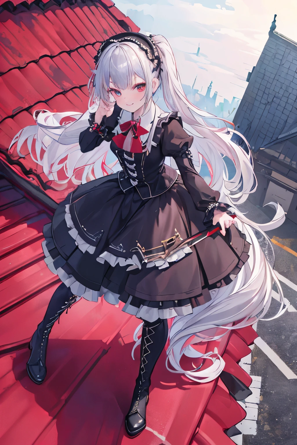 (((Top quality ultra detailed,Unity 8K))),Twin Drilling , Emerald Eyes ,Pose,blazers:1.1 ( gothic ta:1.2),, short bang, lace up boots, silver hair,Insanely long hair ,knife,lick,Red lips, Look Down, ((Stand on the roof of a :1.3)), Look Down, fearless smile ,full body,Stangling:1.2. Leaning Forward