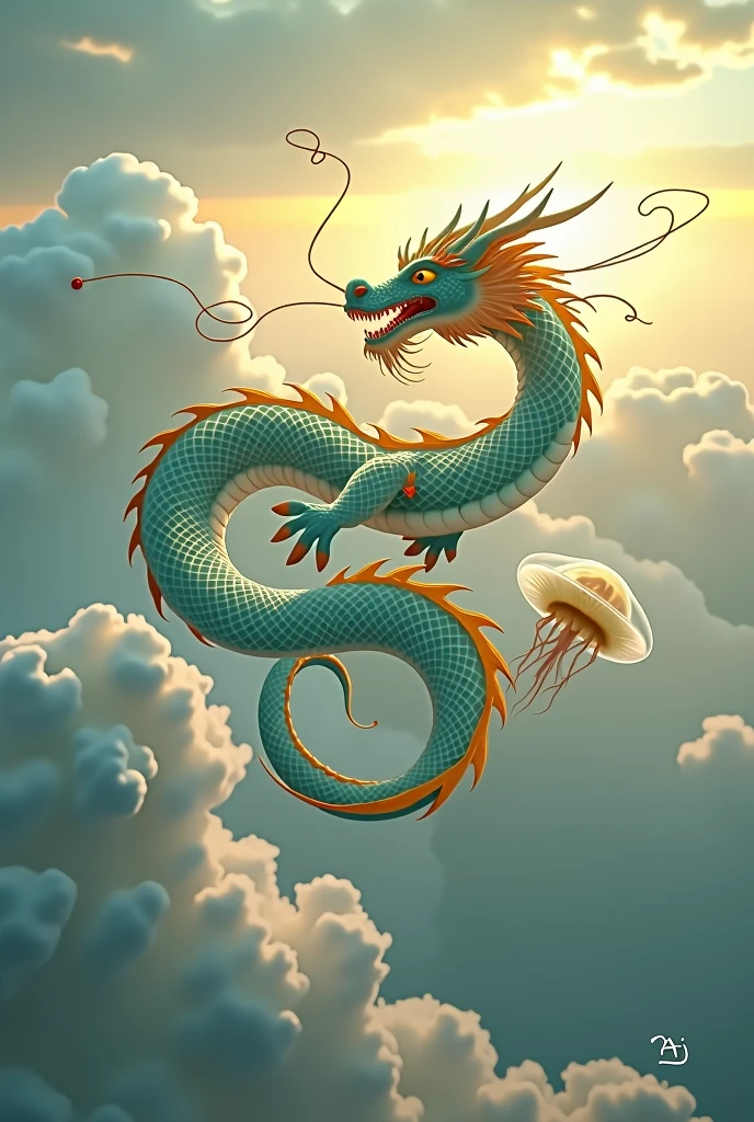 Chinese style,Chinese mythology,Chinese Green Dragon,cough,violent,Huge,Eyes glow red,Glow effect,Surrounded by clouds,Thick Clouds,building,Medium shot scenes,Like the whole body, Highly detailed surreal VFX,OC Rendering,: A majestic dragon with golden scales、Please draw it soaring high into the sky and emitting a fireball-like energy.。The dragon's eyes are a deep amber color.、It symbolizes wisdom and power。Golden clouds swirl in the background、The light effects around the dragon sparkle.。The dragon's claws have a jewel-like shine.、With gold ingots and coins tangled in its tail、Make the design emphasize wealth and prosperity。