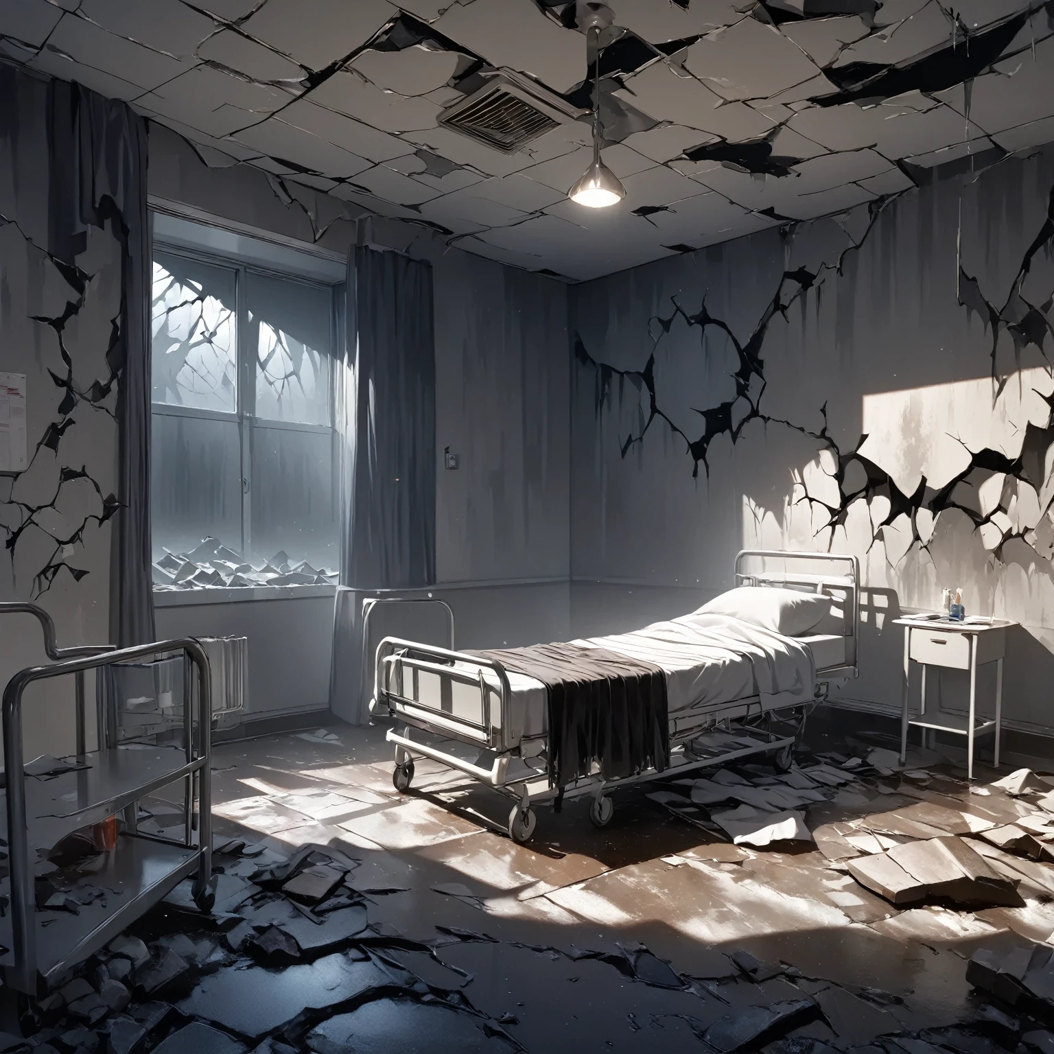 masterpiece, best quality, 8k, highres, ultra-detailed, HDR, UHD, ultra-fine painting, abandoned hospital room, cracked walls and floor, broken bed, debris scattered on the ground, dim lighting, eerie atmosphere, ghostly girl with silver hair, glowing red eyes, black dress flowing, standing in the center, faint mist surrounding her, ominous and unsettling, soft light casting shadows, dark and mysterious mood, horror theme, supernatural presence