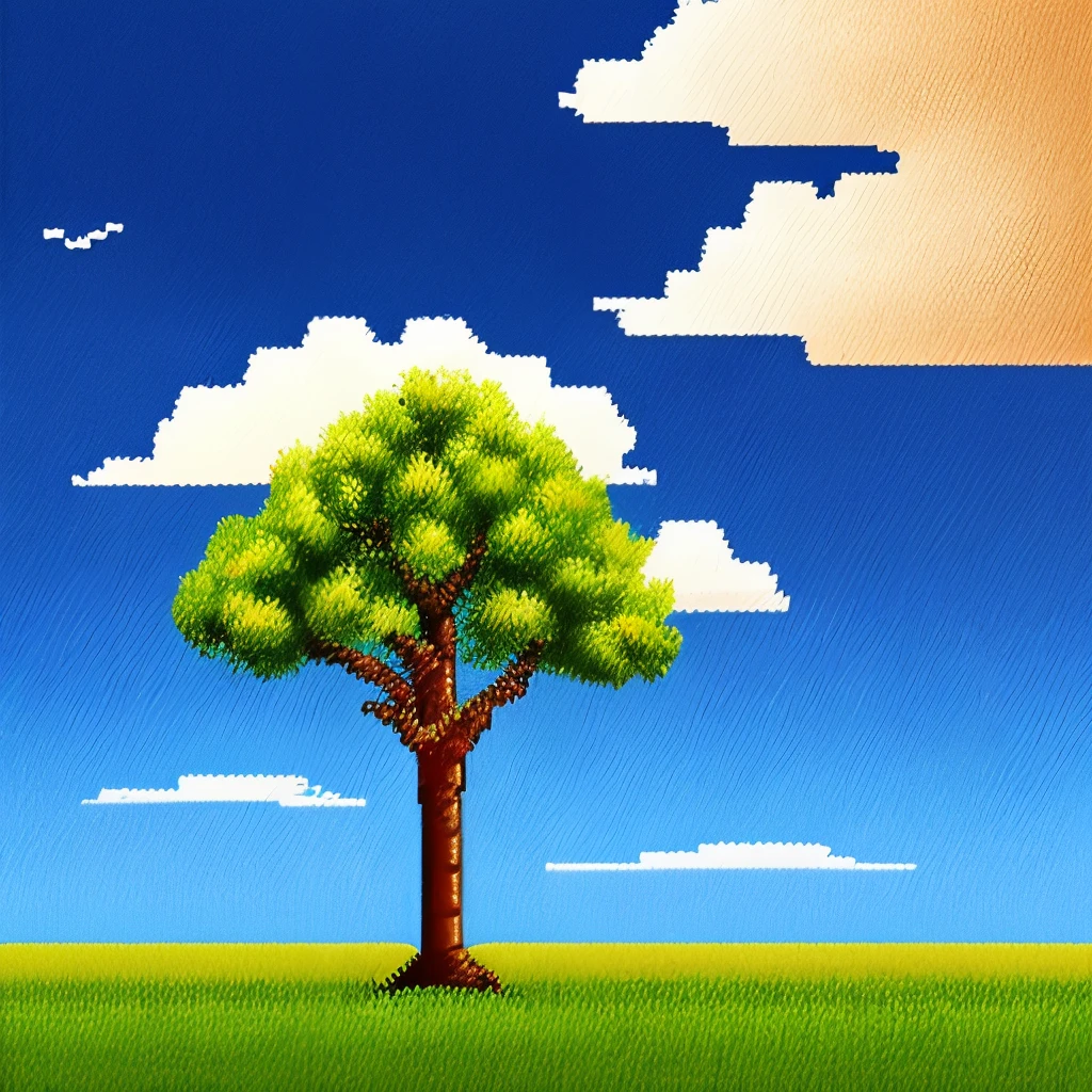 painting of a lone tree in a field with a cloudy sky, pixel art by Michael Sutfin, deviantart, pixel art, beautiful detailed pixel art, detailed pixel artwork, #pixelart, # pixelart, 32-bit pixel art, detailed pixel art, /r/pixelart, pixelart, high quality pixel art, pixel artwork, #pixelart:3, pixel art animation