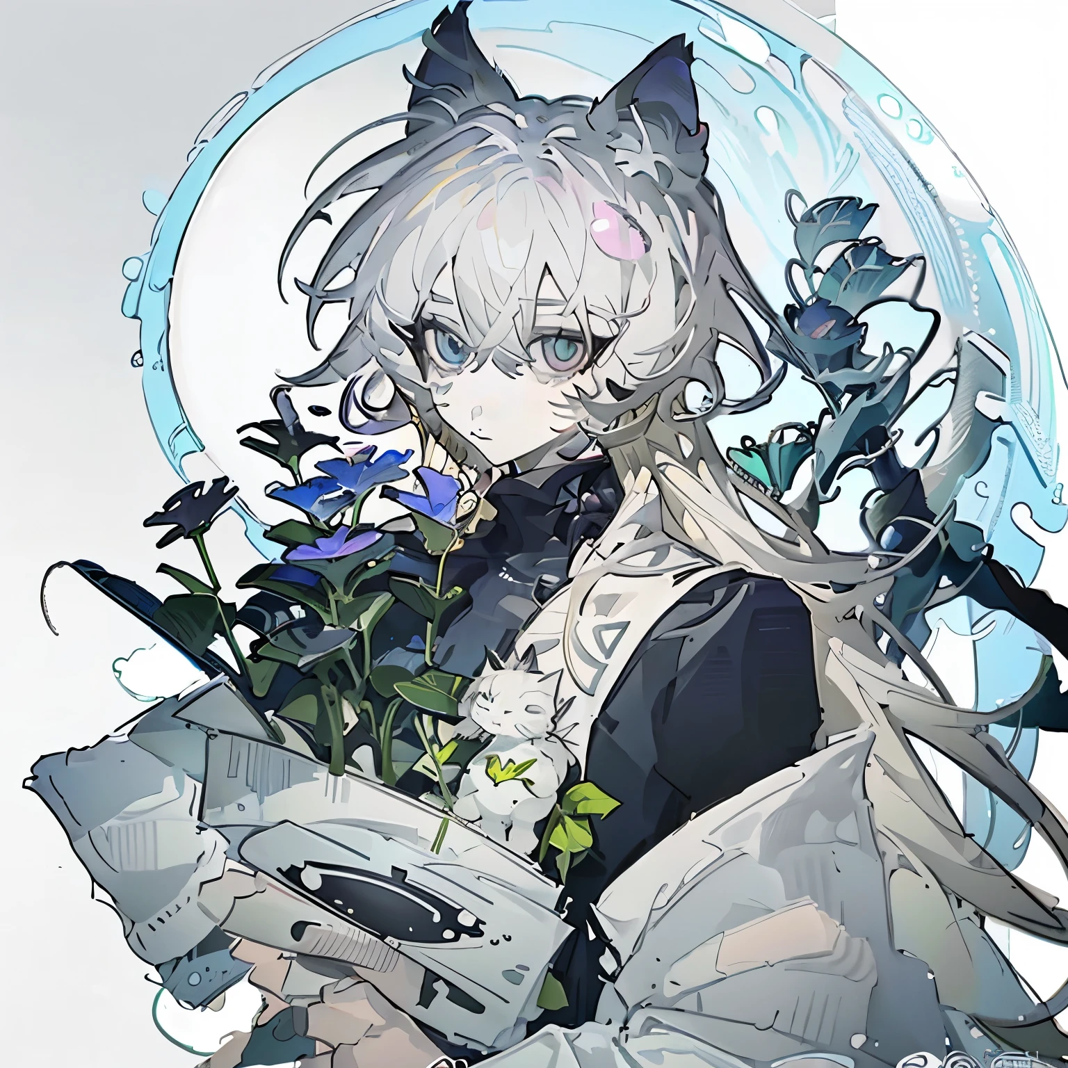 anime girl with long hair and big eyes holding a bouquet, White cat girl, beautiful anime catgirl, very beautiful anime cat girl, cute anime catgirl, White ( cat ) girl,  digital art on pixiv , anime catgirl, pixiv style, anime girl with cat ears, Night Core, pixiv, zerochan Art, Anime style 4K