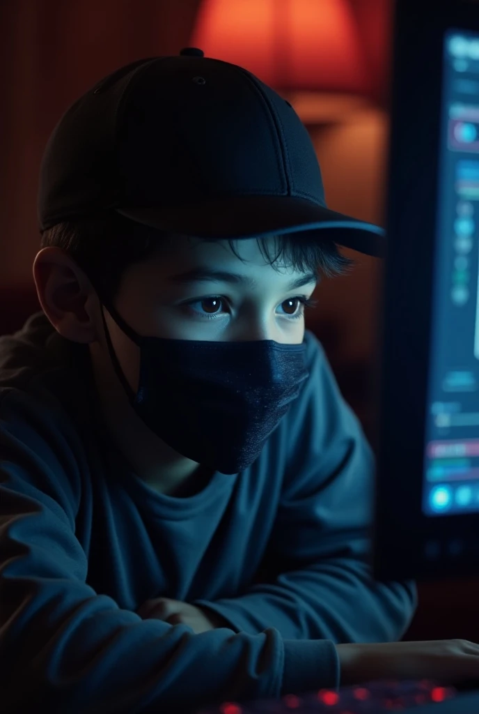 A boy holding ipad he wearing a black mask