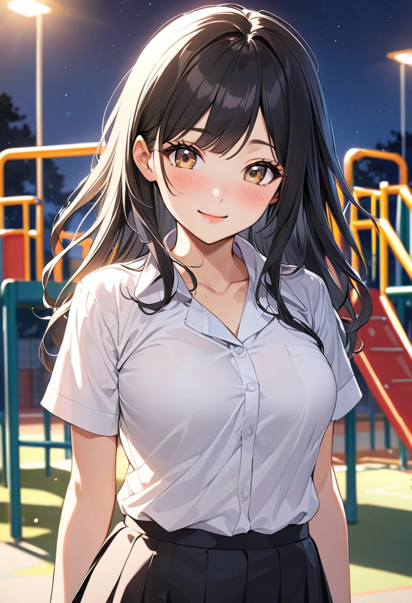 "School playground scene ,  is a Korean third-year high school girl , 18 years old,  with medium length black hair , A 54 kg medium sized girl . medium size breasts.  light brown eyes ,  with a bright and friendly expression ,  has a warm and social atmosphere .  A Korean student is wearing a white shirt and a student's black skirt,   shirt fits my body perfectly, accentuating my chest, and the ,   skirt also fits like a pencil skirt, making my hips stand out.  Her hair is blowing slightly in the night breeze .