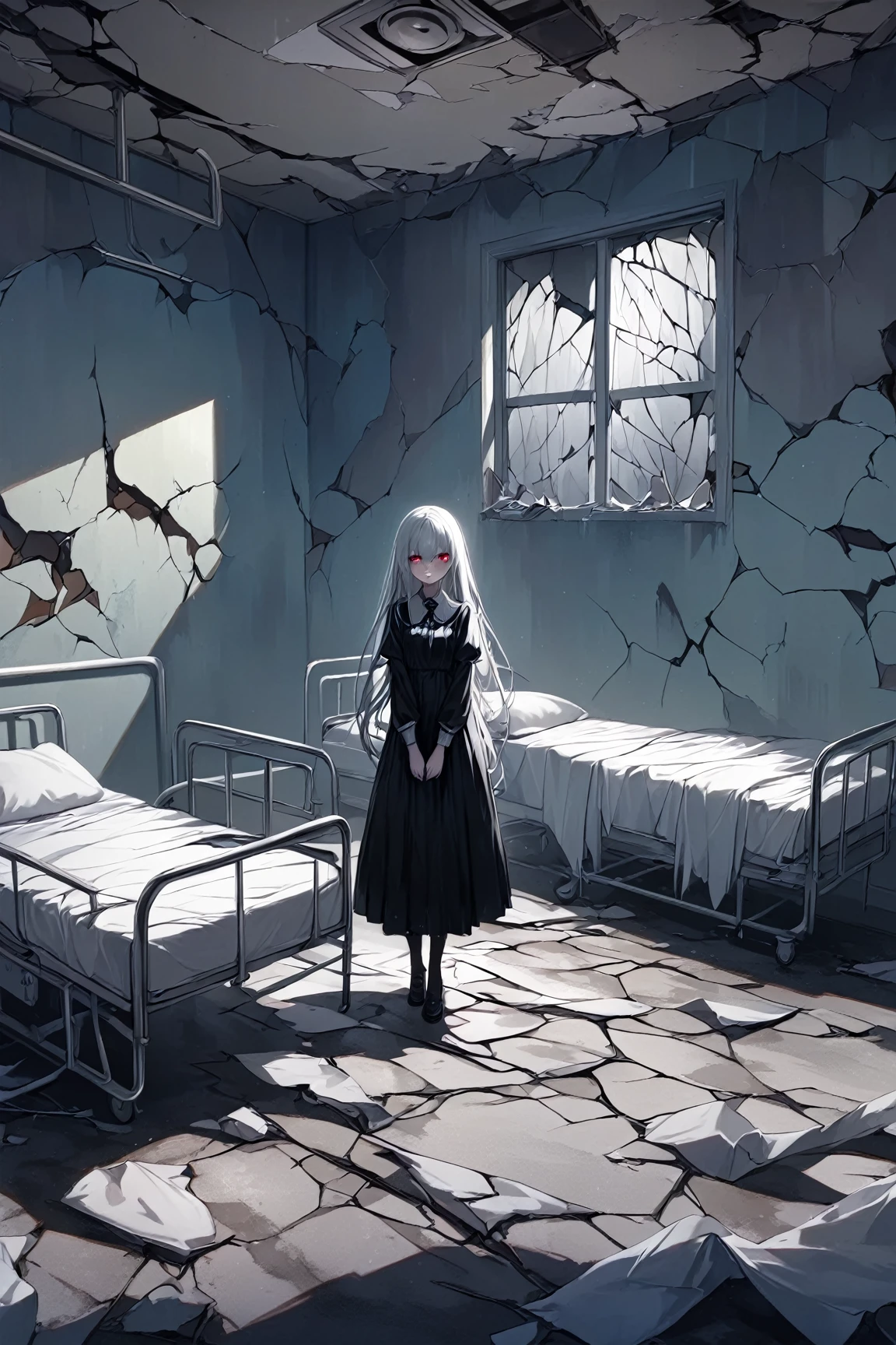 masterpiece, best quality, 8k, highres, ultra-detailed, HDR, UHD, ultra-fine painting, abandoned hospital, cracked walls and floor, broken bed, debris scattered on the ground, dim lighting, eerie atmosphere, ghostly girl with silver hair,dark gothic, glowing red eyes, black dress flowing, standing in the center, faint mist surrounding her, ominous and unsettling, soft light casting shadows, dark and mysterious mood, horror theme, supernatural presence