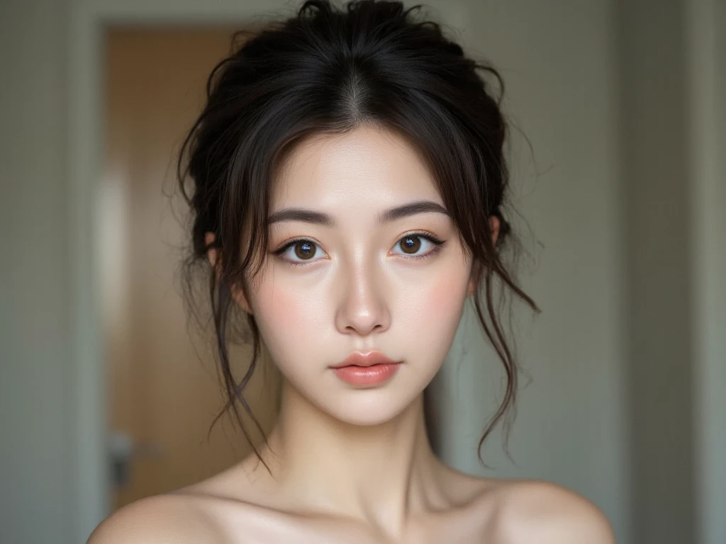 Asian Girl, Skinny, High Resolution, Anatomically Correct, High Details, Super Detailed, Textured Skin, UHD, Hasselblad, Symmetry, Perspective, Depth Of Field, Bokeh, Cinematic Lighting, Cinematic, Photorealistic, Small Chest, Perfect Round Breast, Face To Camera, Hot Posing, Best Quality, Full Body, From Side, Naughty Face, Bedroom, Seductive Smile, Short Hair, Messy Hair, Camera From Far Away