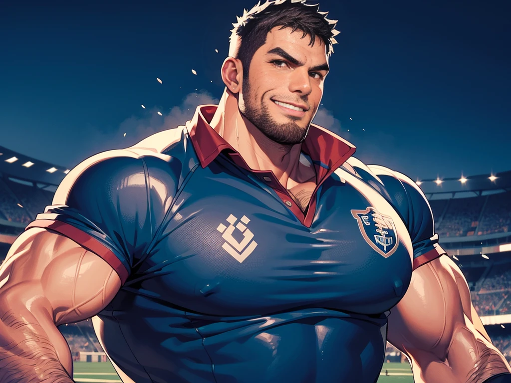 photography, best quality, high resolution, male rugby player focus, 42yo, nice detailed chest, wearing rugby team uniform, slim body, slim waist,large chest, in rugby arena with mist, holding a rugby ball, wide shoulders, highly detailed face, simple smile, HDR, ultra quality, imponent pose, staring at the camera 