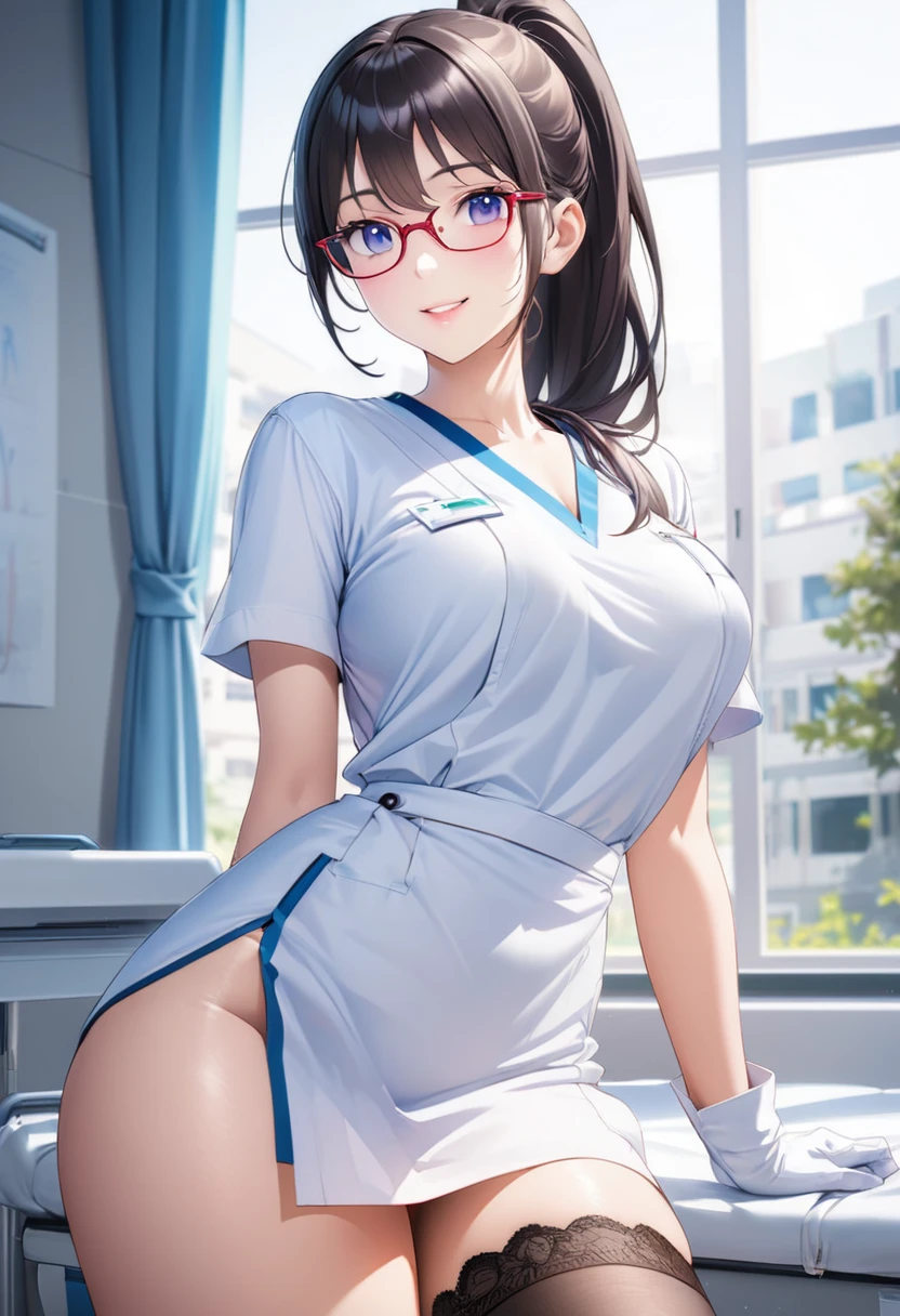 Beautiful girl 、Age 30、Best Quality、Ultra-precision、Detailed drawing、hospital、white doctor clothes 、 blue v-neck shirt 、White Skirt、Thighs exposed、 Black Garter Stockings、 white gloves、Glasses、Sharpness、 ponytail、Vivid colors、smile、 Beautiful Slender Body 、Beautiful big boobs、Accurate depiction、 CG illustration、
