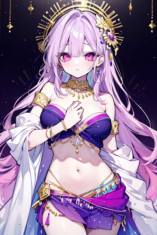 1girl, white background, red eyes, long hair, purple hair, belly dancer, circlet, earrings, armlets, bracelets, bashful smile, large breasts, cleavage, soft stomach