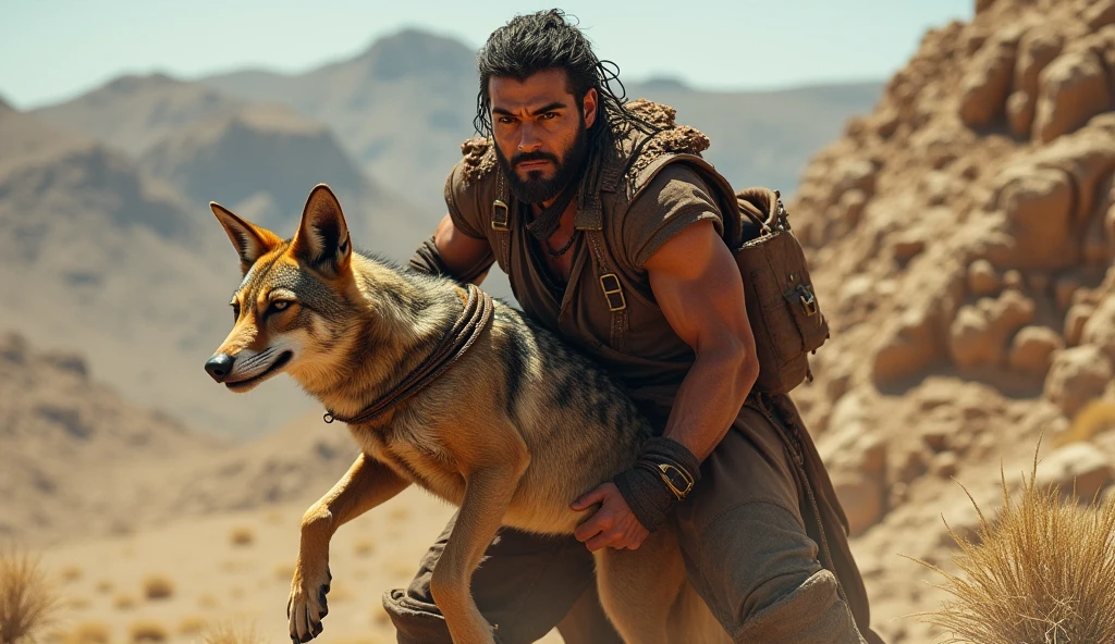 A person saves a woman in the desert from a violent wolf