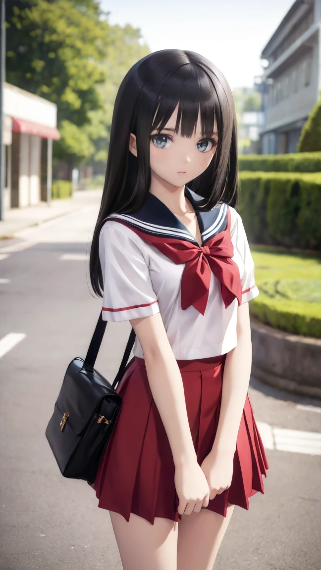 4K,Best Quality,  amazing details ,masterpiece,, super high resolution,If you look closely at the eyes,,  VERY CONDENSED ONE GIRL, （ very delicate and lovely face）, the chest is standard size , Black Hair ，（（ medium long hair ））,（（白を基調としたShort sleeveのセーラー服））,（Short sleeve）,（ puff sleeve ）,（The uniform line is red ）,,（  The bow on the sailor suit is red ）,（School bag）,,,,My age is  ,(In town)，