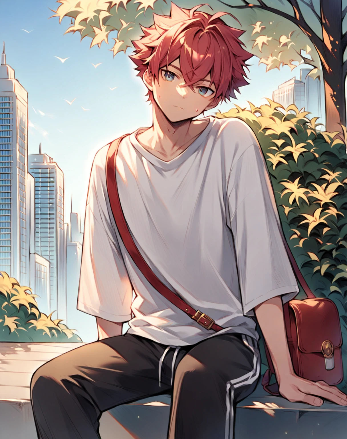 score_9, score_8_up, score_7_up, source_anime {{cowboy shot, source_anime, outdoors, city, park, looking at viewer, solo, sitting on ledge}} male, mikoshiba mikoto, crimson hair, crossed bangs, sweatpants, oversized shirt, satchel, head tilt.
