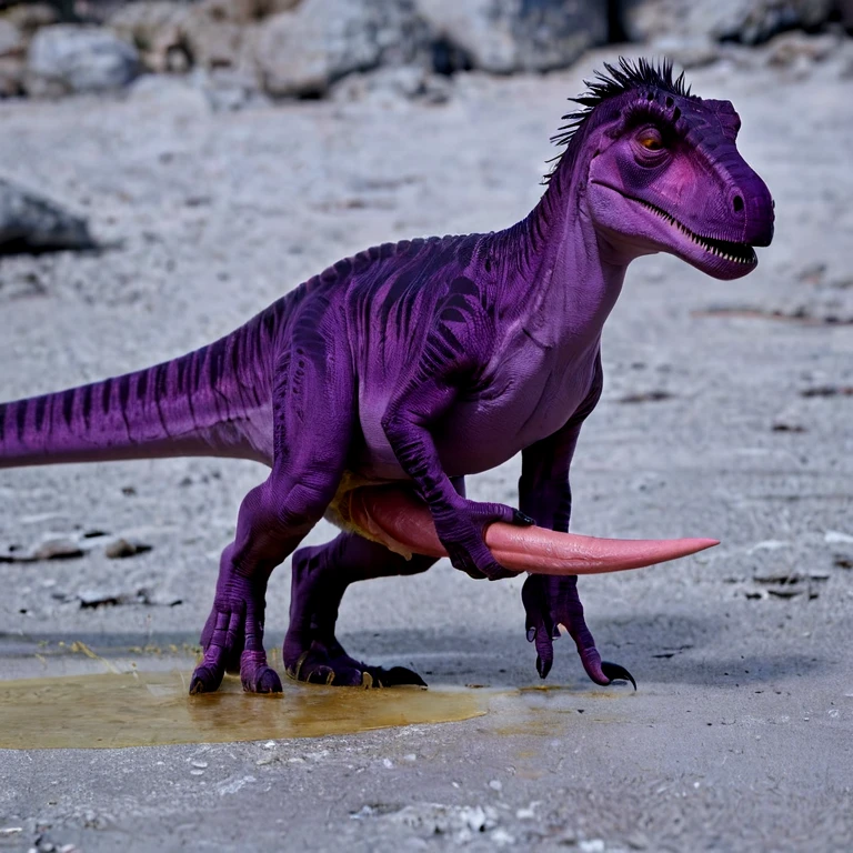 (good quality), ((((giant purple dinosaur, realistic, solo, huge tapering penis, urine, hands on penis, photorealism))))