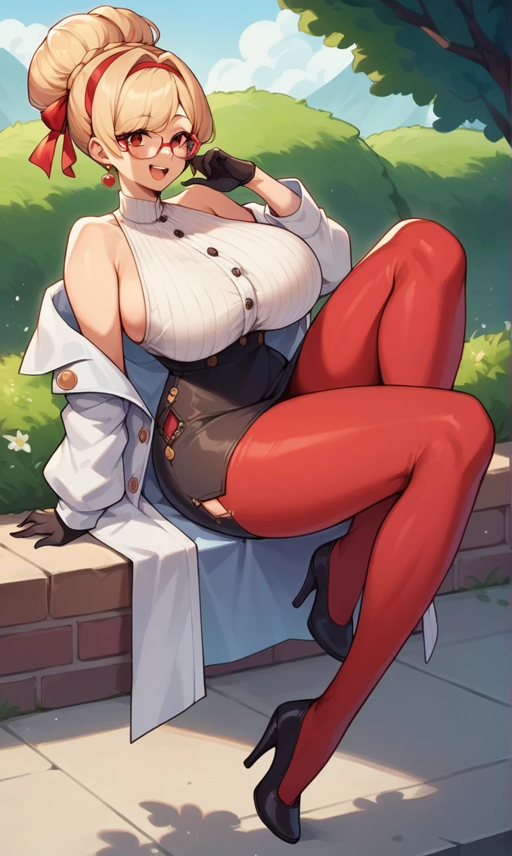 score_9, score_8_up, score_7_up, score_6_up, score_5_up, score_4_up, (source_anime), purah,
1girl,  huge breasts, narrow waist, thick thighs,  hair ornament, red headband, red glasses, sleeveless shirt, white coat, black skirt, red leggings, gloves, high heels, outdoors, happy,