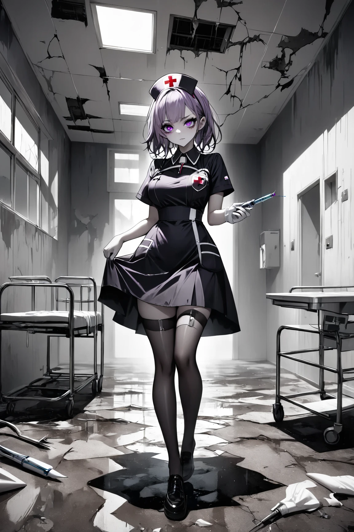 (masterpiece, best quality:1.2),ground shot, 1girl,full body,dark  color nurse costume,abandoned hospital,dark gothic,Horror,dark theme color, purple eyes, Vertical pupil,  Disrespectful Eyes , Crazy Eyes,  crazy,  hold a syringe in your right hand、Hold a scalpel in your left hand ,monocrome backgorund