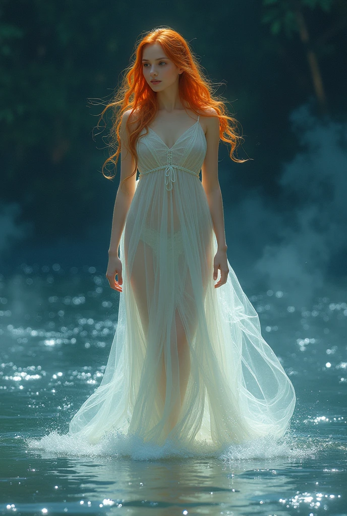 (masterpiece, Highest quality), ((One girl, alone, Long Hair)), Ishmael_edge, Innocent look, Bare arms, Exposing shoulders, Bare neck, watercolor, Sundress, Liquid clothing, water, Wave, water dress, green_theme, night, haze, dark, Sharp focus, Ocean, See-through dress, Orange Hair