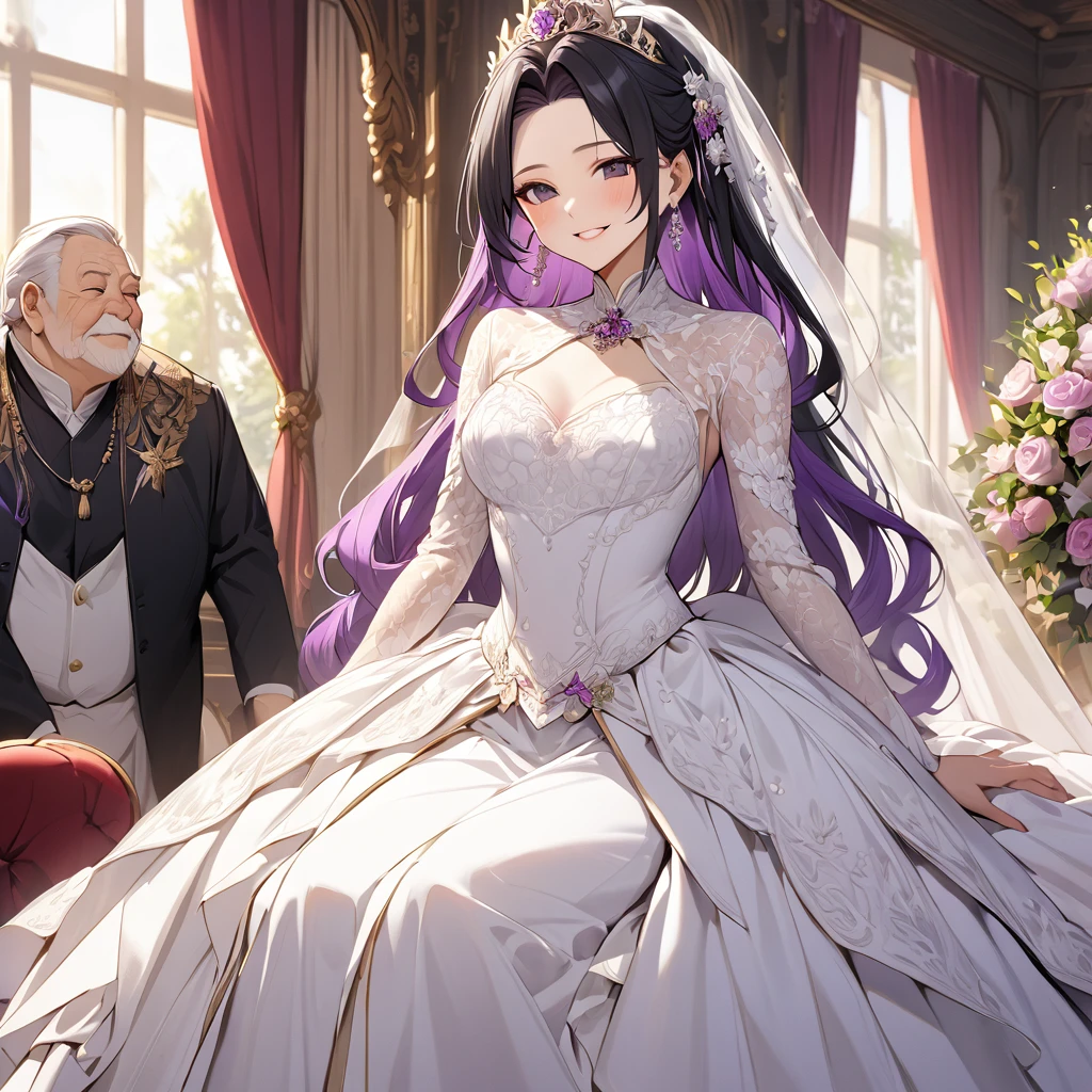  The woman who is the queen of the kingdom has beautiful black hair with purple gradation hair, wears a bride costume from the kingdom, pledges absolute loyalty and love to the old man of the great king, and they love each other by having a wedding、((Best Quality)), ((masterpiece)), ( Details), （ perfect face）,The woman is Kocho Shinobu with outstanding proportions and is finished as a woman wearing a royal bridal gown in a royal mansion 、The woman is smiling gently