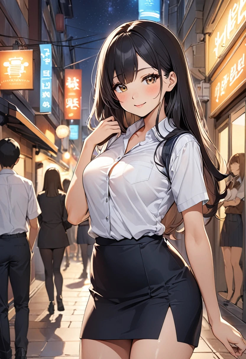 "Bustling scene ,  is a Korean third-year high school girl , 18 years old,  with medium length black hair , A 54 kg medium sized girl . medium size breasts.  light brown eyes ,  with a bright and friendly expression ,  has a warm and social atmosphere .  A Korean student is wearing a white shirt and a student's black skirt,   shirt fits my body perfectly, accentuating my chest, and the ,  skirt also fits like a pencil skirt, making my hips stand out.  Her hair is blowing slightly in the night breeze .